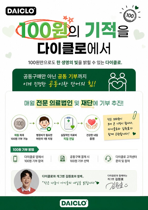 다이클로, '100원의 기적' 공동 기부 캠페인 진행